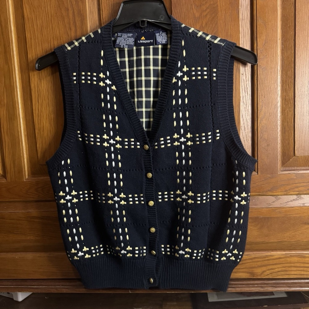 Vtg Liz Sport Blue Knit Sweater Vest Plaid Back Womens M Gold Buttons